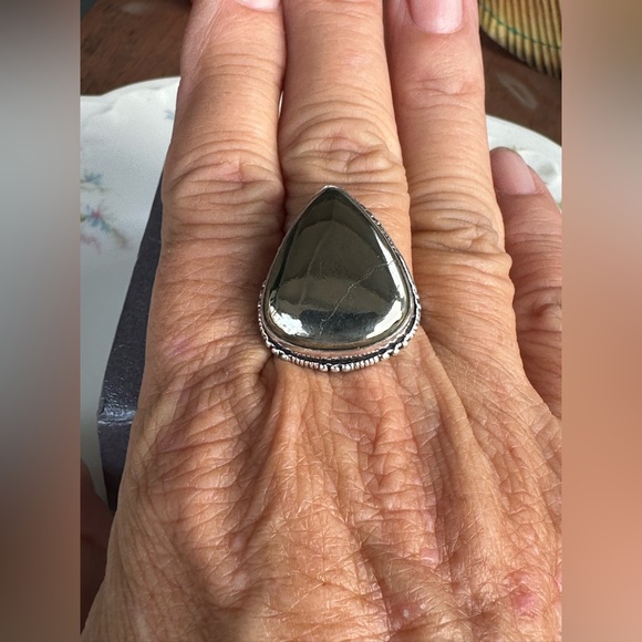 Golden Pyrite Cab Ring 925 size 8 - Picture 3 of 10